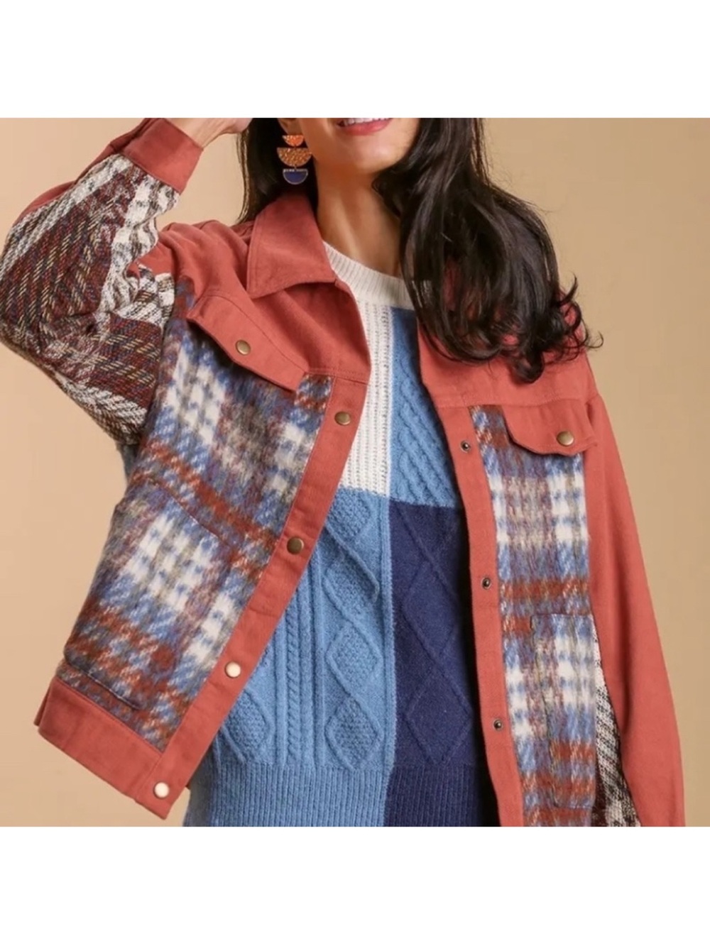 NWT UMGEE plaid sherpa denim jacket brick orange blue oversized medium new!